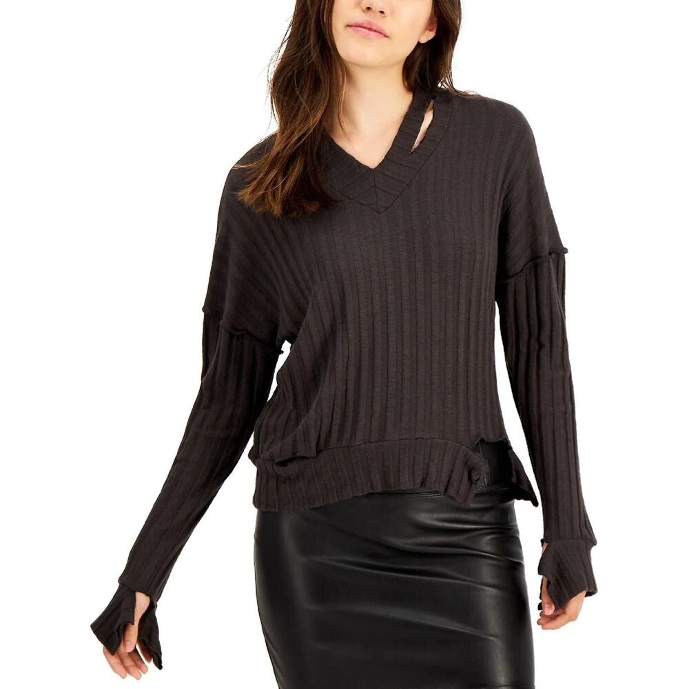 LNA Ribbed Long Sleeve V-Neck Top Small Viscose Soft Etten‎ Laser Cut Out $154